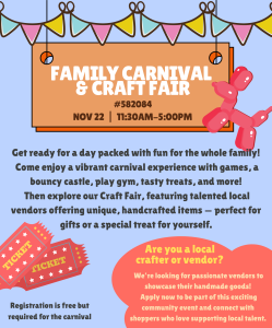 Sunset Family Carnival & Craft Fair Nov 22, 2025 Join us for a fun-filled day the whole family will enjoy! Enjoy a lively carnival experience with a play gym, bouncy castle, exciting games, popcorn, and more! Then stroll through our craft fair, featuring local vendors selling unique, handcrafted items, perfect for gifts or a little something for yourself.Registration is free but required for the carnival.Come for the fun, stay for the creativity! https://anc.ca.apm.activecommunities.com/vancouver/activity/search/detail/579162?onlineSiteId=0&from_original_cui=true